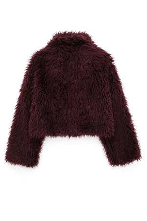 shaggy faux fur jacket mongolian cropped coat for women in burgundy 6 Alicefurs