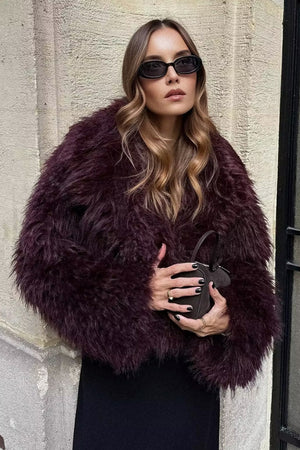 shaggy faux fur jacket mongolian cropped coat for women in burgundy Alicefurs