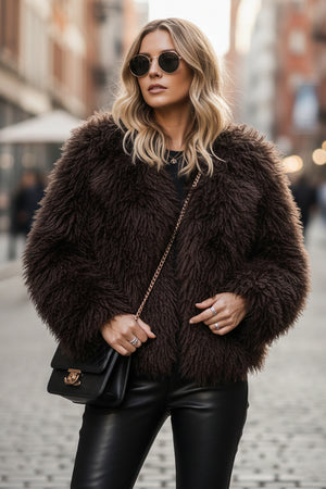shaggy faux fur jacket mongolian cropped coat for women in chocolate brown 1 Alicefurs