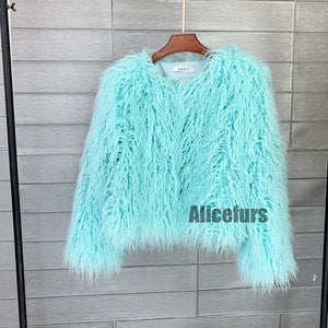 shaggy faux fur jacket short fluffy mongolian overcoat for women in arctic blue Alicefurs