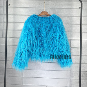 shaggy faux fur jacket short fluffy mongolian overcoat for women in cerulean blue 1 Alicefurs
