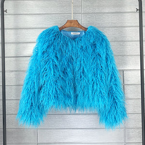 shaggy faux fur jacket short fluffy mongolian overcoat for women in cerulean blue Alicefurs