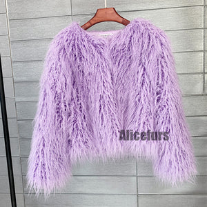 shaggy faux fur jacket short fluffy mongolian overcoat for women in lavender Alicefurs