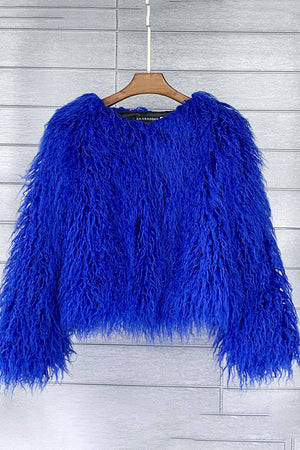shaggy faux fur jacket short fluffy mongolian overcoat for women in royal blue 3 Alicefurs