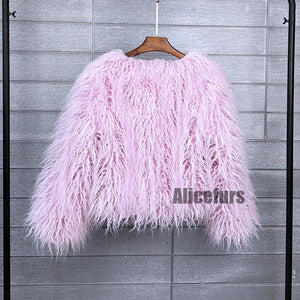 shaggy faux fur jacket short fluffy mongolian overcoat for women in sakura pink 2 Alicefurs