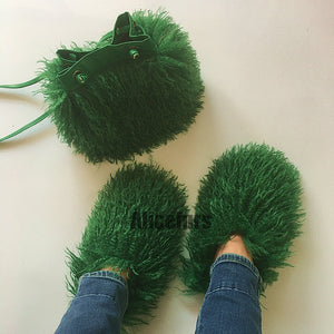 shaggy faux fur slippers and bucket bag set for women in dark green Alicefurs