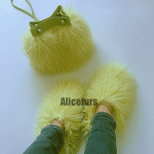 shaggy faux fur slippers and bucket bag set for women in lime green Alicefurs