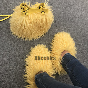 shaggy faux fur slippers and bucket bag set for women in yellow Alicefurs