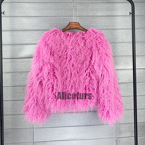 shaggy mongolian faux fur jacket for women in hot pink 1 Alicefurs