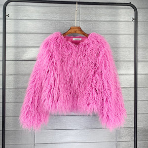 shaggy mongolian faux fur jacket for women in hot pink Alicefurs