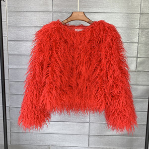 shaggy mongolian faux fur jacket for women in red Alicefurs