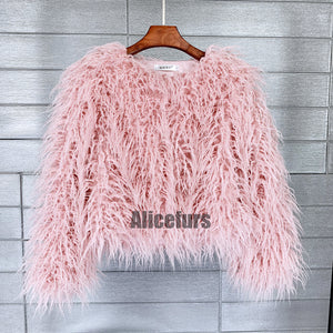 shaggy mongolian faux fur jacket for women in rose pink Alicefurs