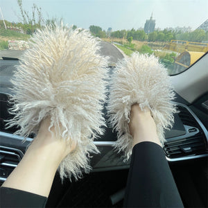 shaggy mongolian fur slippers for women in beige 1 Alicefurs