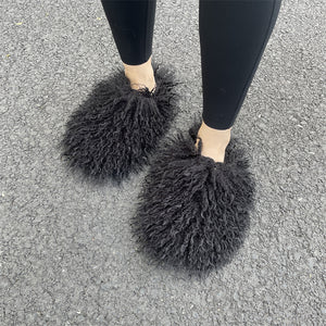 shaggy mongolian fur slippers for women in black Alicefurs