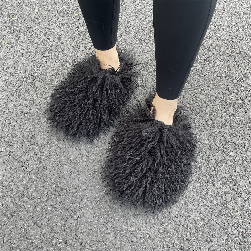 Shaggy Mongolian Fur Slippers for Women
