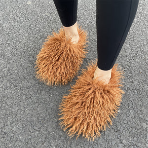 shaggy mongolian fur slippers for women in coffee Alicefurs