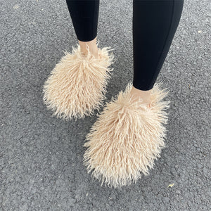 shaggy mongolian fur slippers for women in milk tea color Alicefurs