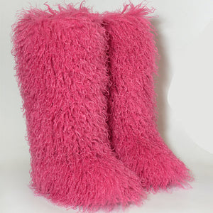 shaggy mongolian tall fur boots and purse matching set for women in fuchsia 2 Alicefurs