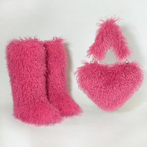 shaggy mongolian tall fur boots and purse matching set for women in fuchsia Alicefurs
