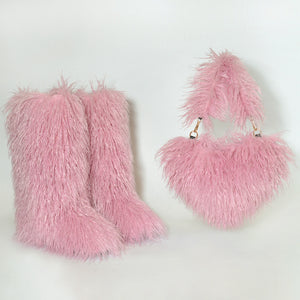 shaggy mongolian tall fur boots and purse matching set for women in pink 2 Alicefurs