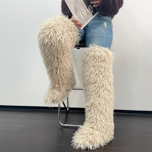 shaggy thigh high fur boots for women in beige 1 Alicefurs