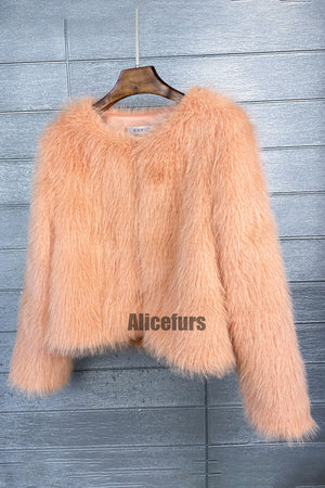 short faux fur jacket collarless winter fuzzy outwear for women in orange 1 Alicefurs