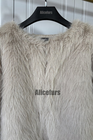short faux fur jacket collarless winter fuzzy outwear for women in tan 4 Alicefurs