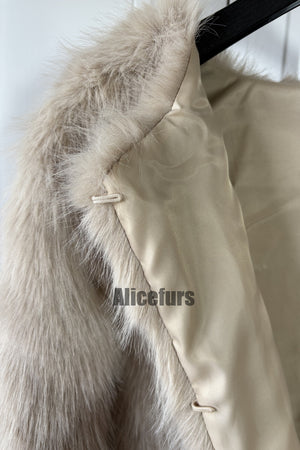short faux fur jacket collarless winter fuzzy outwear for women in tan 5 Alicefurs
