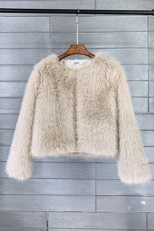short faux fur jacket collarless winter fuzzy outwear for women in tan Alicefurs