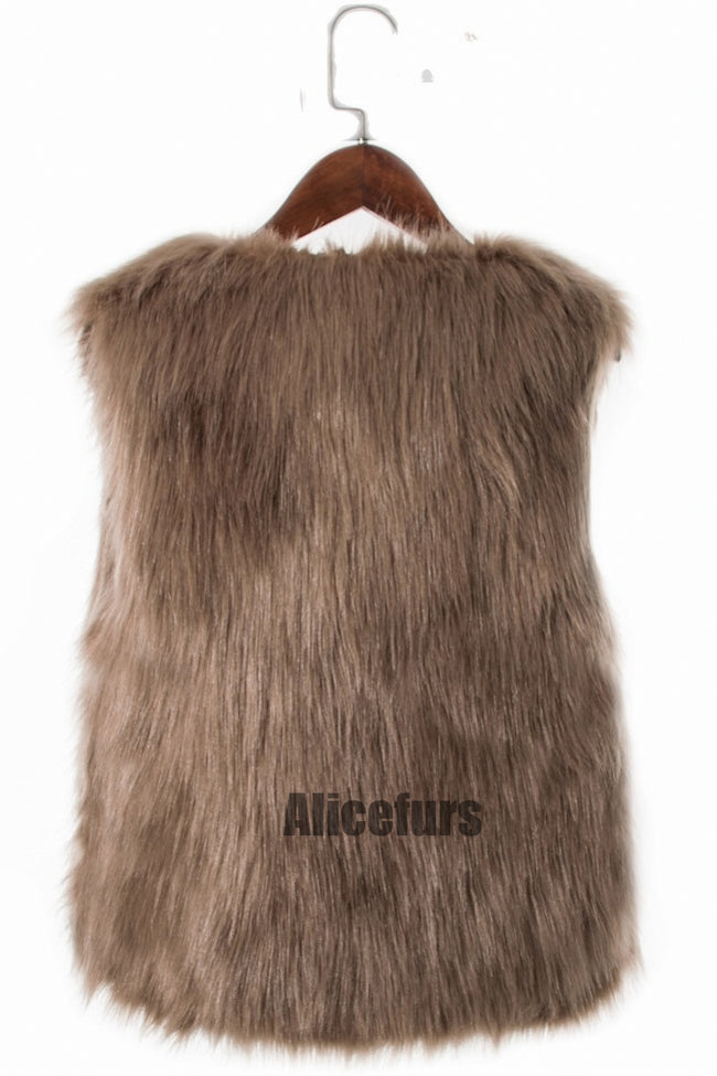 short faux fur vest autumn winter waistcoat for women in khaki 1 Alicefurs