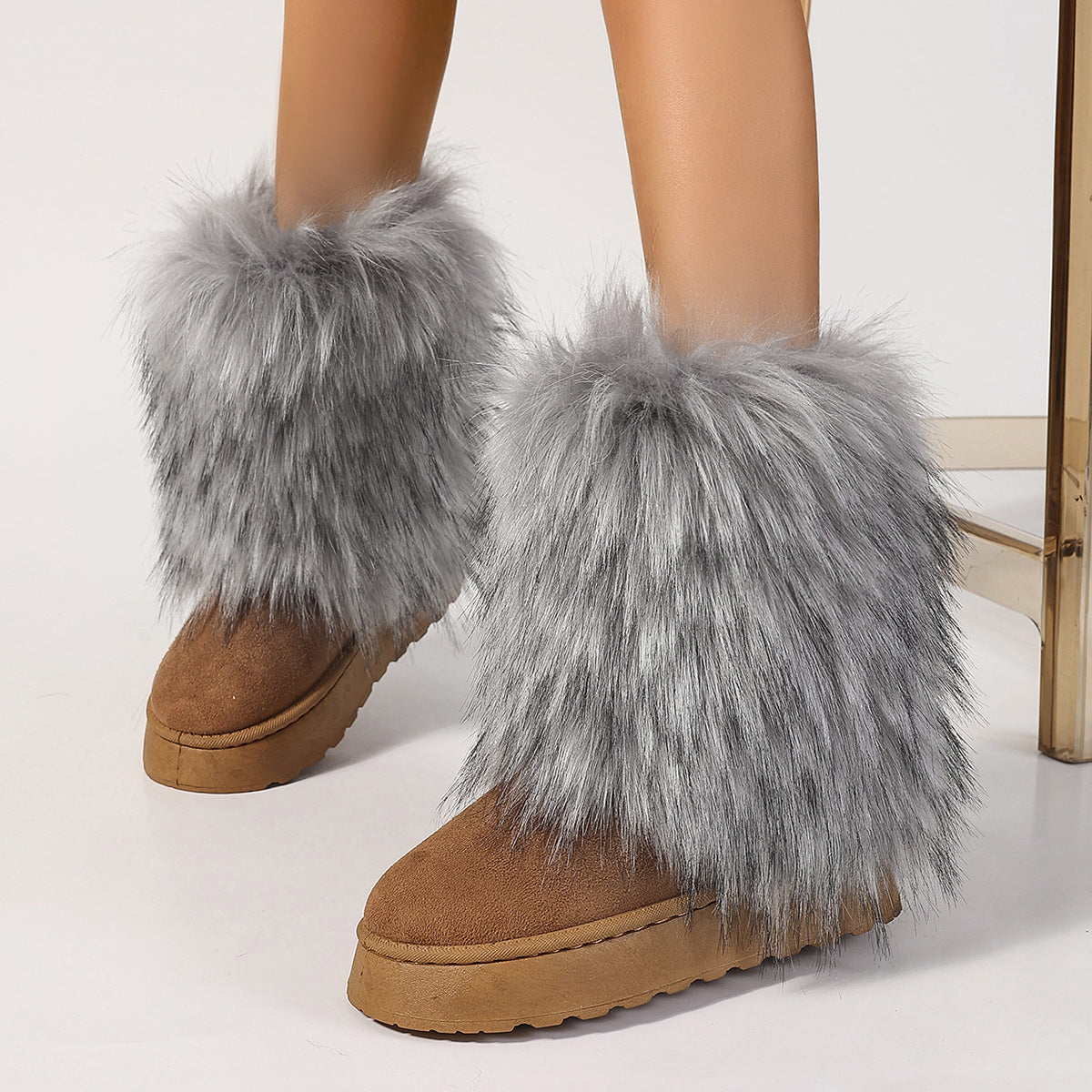 suede snow boots with fluffy fur cuffs for women in grey 1 Alicefurs