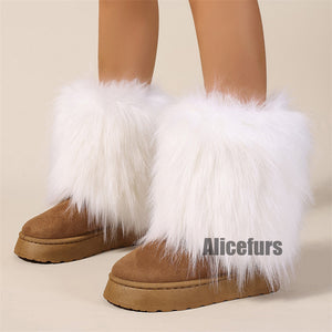 suede snow boots with fluffy fur cuffs for women in white Alicefurs
