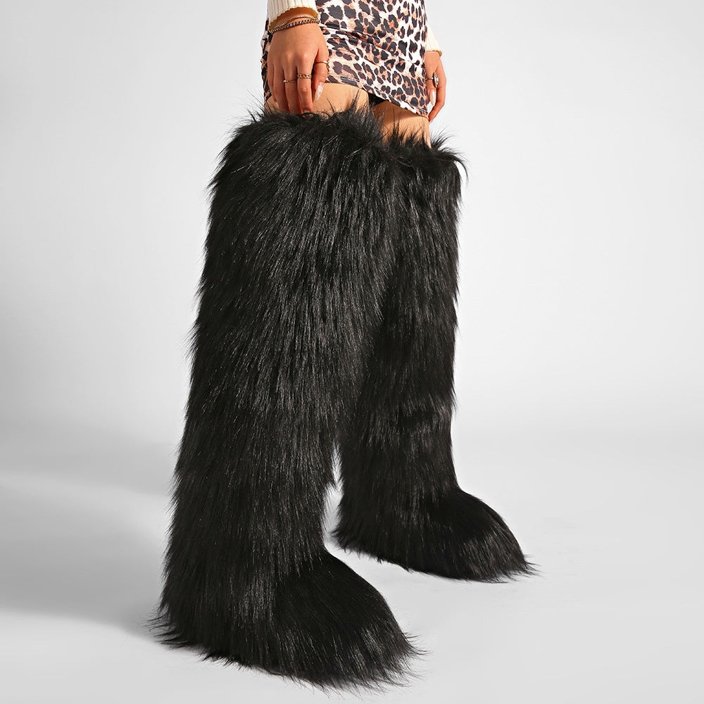 thigh fur boots y2k winter fluffy boots for women in black 1 Alicefurs