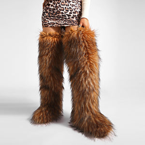 thigh fur boots y2k winter fluffy boots for women in brown 1 Alicefurs