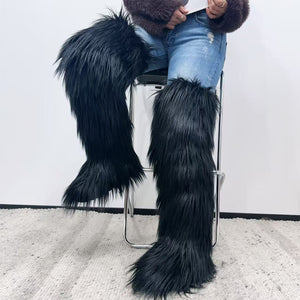 thigh high fur boots winter tall fluffy boots for women in black Alicefurs