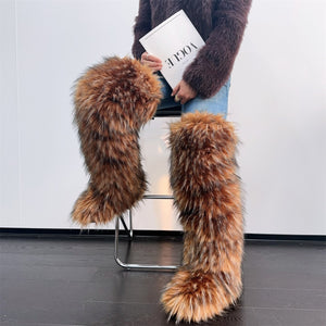 thigh high fur boots winter tall fluffy boots for women in chocolate 1 Alicefurs