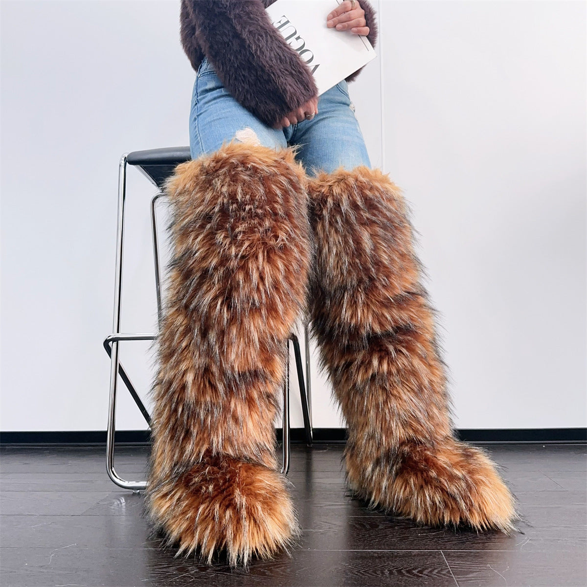 thigh high fur boots winter tall fluffy boots for women in chocolate Alicefurs