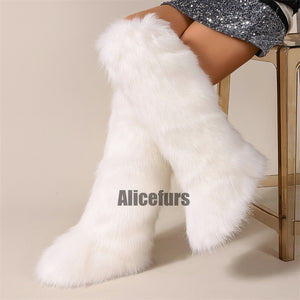 white fur boots in knee high length for women 4 Alicefurs