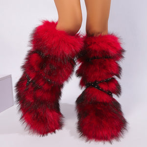 winter flat tall furry boots with wrap buckle straps in blackish red 6 Alicefurs