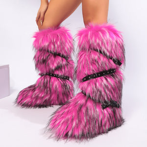 winter flat tall furry boots with wrap buckle straps in hot pink 7 Alicefurs