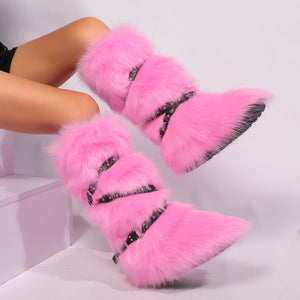 winter flat tall furry boots with wrap buckle straps in pink 6 Alicefurs