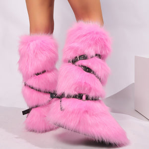 winter flat tall furry boots with wrap buckle straps in pink 9 Alicefurs
