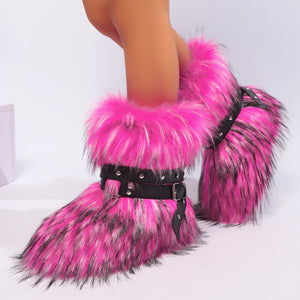 winter fur boots with wrap buckle straps fluffy mid calf boots for women in fuchsia 1 Alicefurs