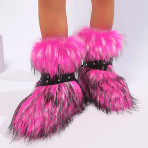winter fur boots with wrap buckle straps fluffy mid calf boots for women in fuchsia Alicefurs