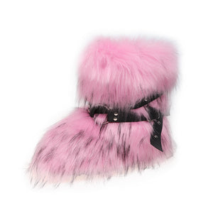 winter fur boots with wrap buckle straps fluffy mid calf boots for women in pink 1 Alicefurs
