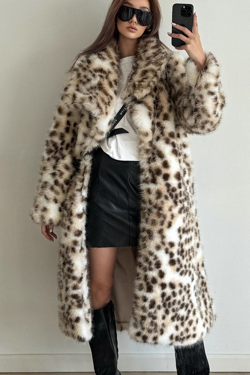 Women’s Snow Leopard Faux Fur Coat – Long Plush Overcoat with Shawl Collar