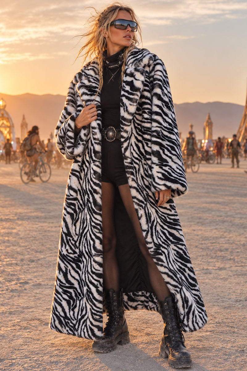 Women’s Zebra Faux Fur Coat – Full Length Black & White Overcoat