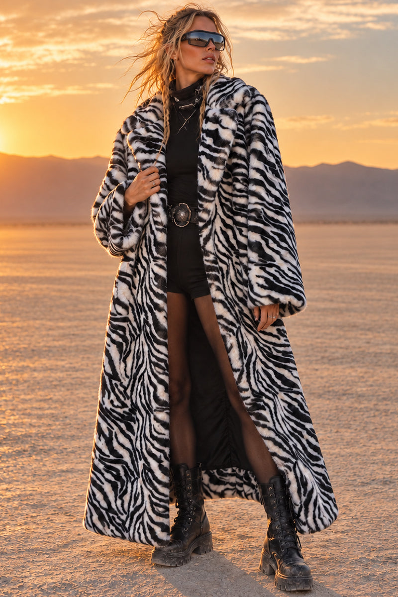 Women’s Zebra Faux Fur Coat Full Length Black & White Overcoat