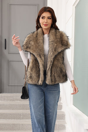womens faux fur vest with waterfall collar in brown 1 Alicefurs
