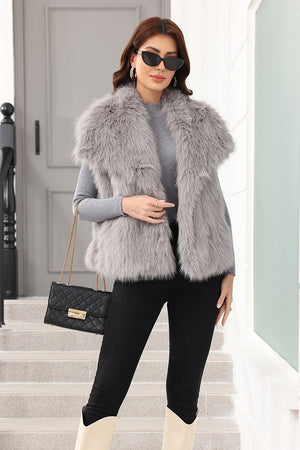 womens faux fur vest with waterfall collar in gray 3 Alicefurs
